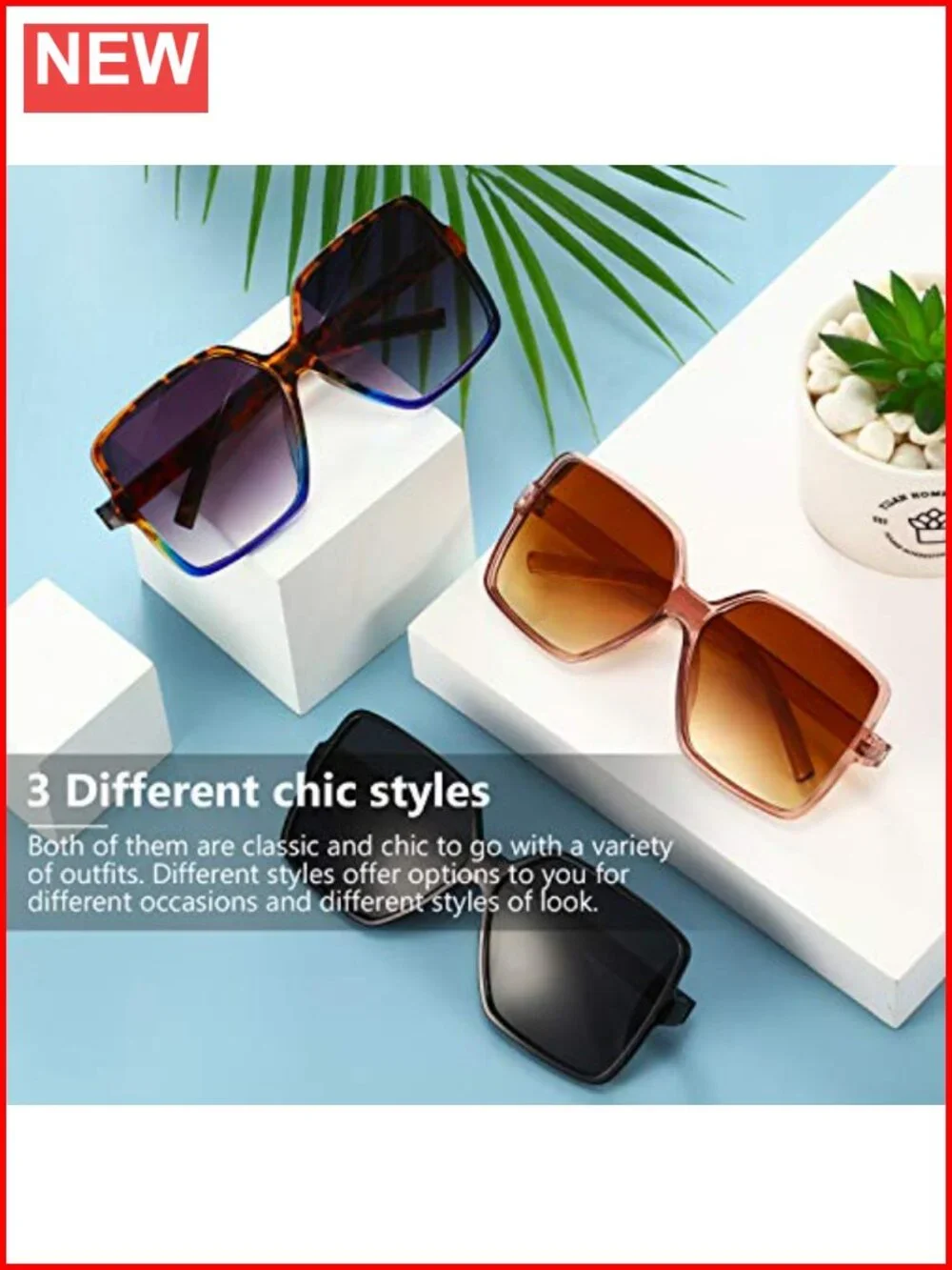 3 Pairs Retro Square Sunglasses Oversized UV Protection Polycarbonate Lens